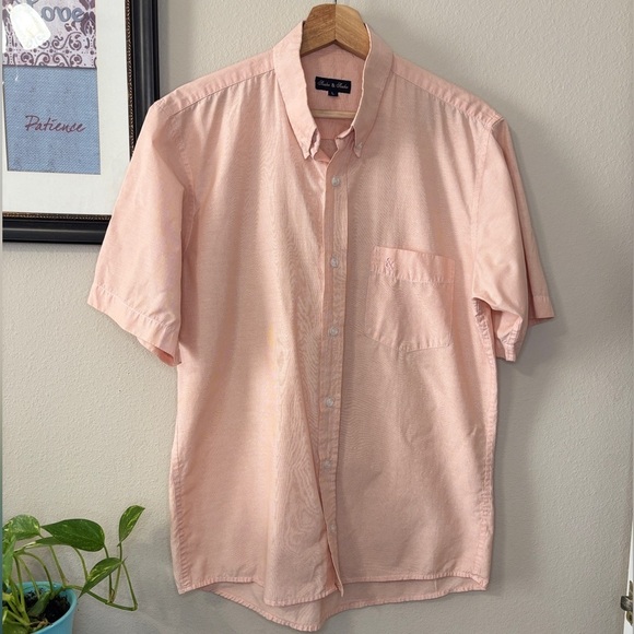 Short sleeves Shirt Mens large Cotton Linen Button Down Pink Casual - Picture 5 of 8